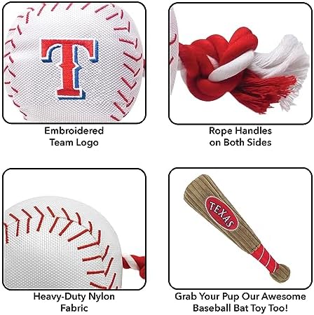 Pets First MLB Texas Rangers Baseball Rope Toy for Dogs & Cats. Tough Nylon, Sporty Baseball Design, Heavy-Duty Ropes with Inner Squeaker