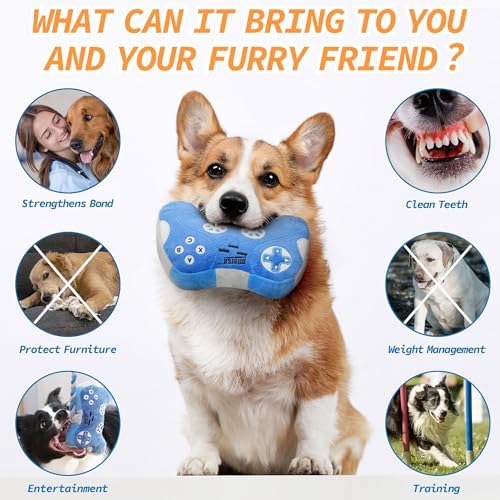 MTERSN Cute Squeaky Dog Toys, Game Controller Plush Toy, Playtime, Blue
