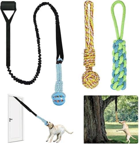 Spring Pole Dog Rope Toys,Dog Bungee Toy, Hanging from Tree, Tether Tug for Small to Large Dogs with 3 Pieces Chew Rope