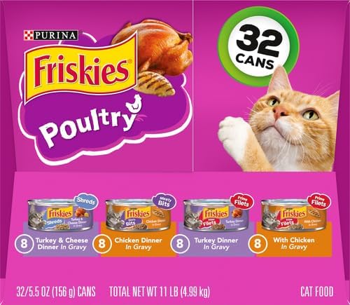 Friskies Purina Gravy Wet Cat Food Variety Pack, Poultry Shreds, Meaty Bits and Prime Filets - 5.5 oz. Cans (Pack of 64)