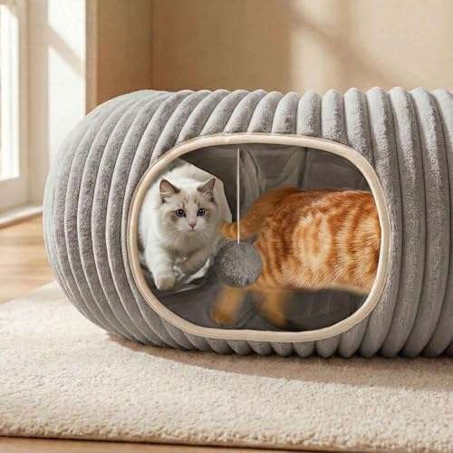 31 Pcs Interactive Cat Toys for Indoor Cats, Cat Tunnel with Moving Ball, Cat Toy Launcher, Catnip Toys, Chew Rope, Feather Wand, Springs and Balls for Indoor Kittens, Grey