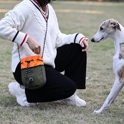 ETIAL Large Capacity Dog Treat Pouch, Waterproof Dog Walking Bag with Shoulder Strap, Built-in Poop Bag Dispenser, Drawstring Closure Dog Food Pouch for Pet Training Walking & Rewarding (Orange)