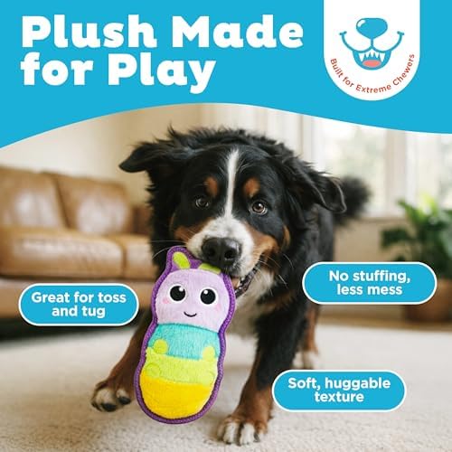 Outward Hound Tough Skinz Dog Toy, Durable Plush with 2X Lining, No Stuffing, Jumbo Squeaker, Caterpillar, 9.5"