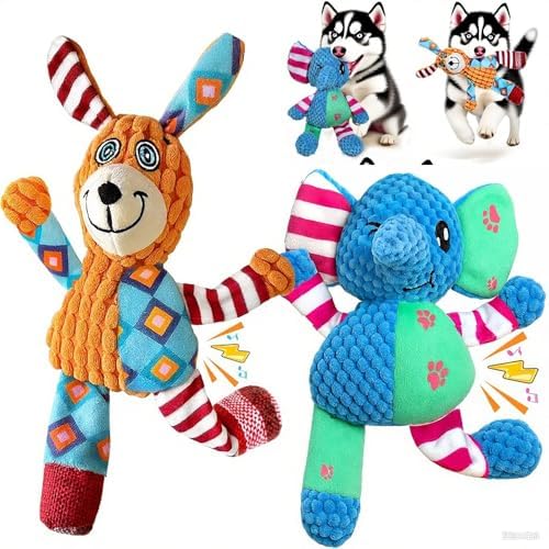 Squeaky Dog Plush Toys 2 Pack, Cute Elephant & Rabbit Stuffed Puppy Chew Toy with Crinkle Paper, Durable Textured Soft Dog Toys for Small Medium, Interactive Teething Pet Toys