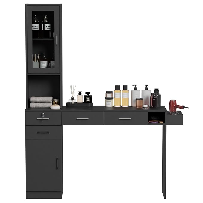 Barber Salon Station for Hair Styling, Wall Mount Beauty Spa Furniture Equipped with Salon Equipment Hair Dryer Holder, Drawers, Storage Cabinet and Open Shelves, Without Mirror (Black)