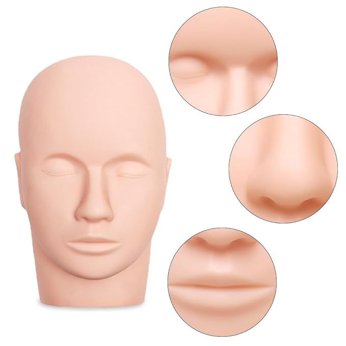 Lash Mannequin Head, Pro Training Mannequins Flat Head Soft Touch Silicone Practice Make Up Eyelash Extensions Massage Model Manikin Cosmetology Doll Face Head 2 Pack Skin Colour