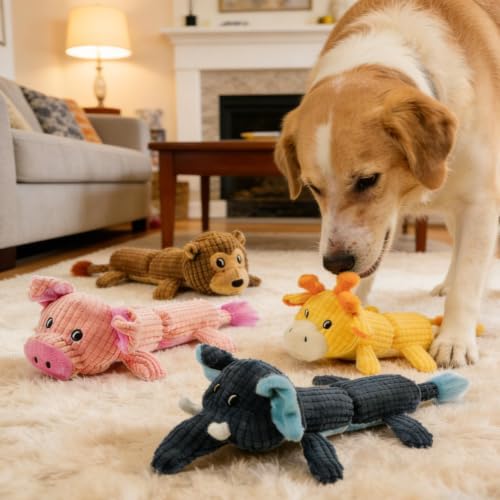 4 Pack Squeaky Dog Toy No Stuffing with 2 Squeaker Body, Plush Animal Interactive Chew Dog Toy for Small Medium Large Dogs
