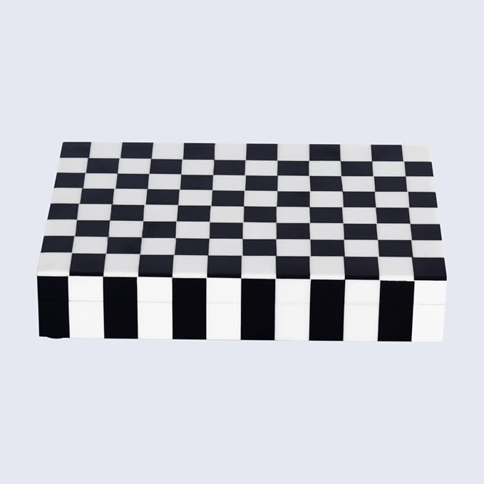 Handicrafts Home Decorative Storage Box with Lid, Black and White Decorative Box for Remote Controls, Slim Coffee Table Storage Box for Shelf, Desk & Living Room Decor, Puzzle Check 8 x 6 x 1.5 Inch