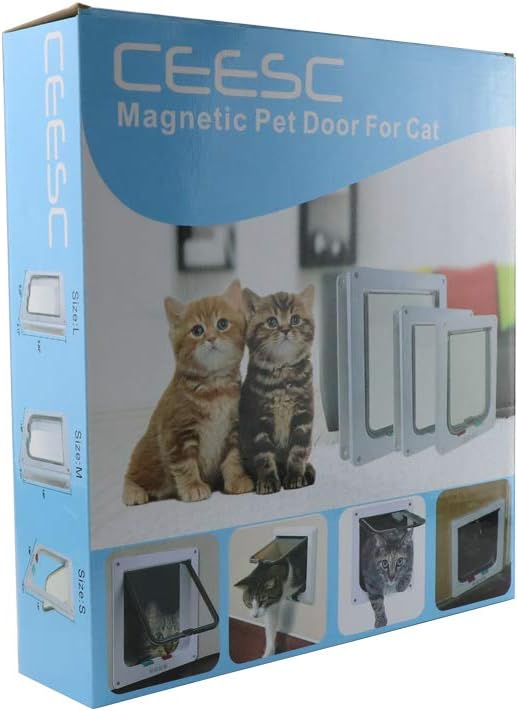 CEESC Cat Flap Door Magnetic Pet Door with 4 Way Lock for Cats, Kitties and Kittens, 3 Sizes and 2 Colors Options (M- Inner Size: 6.18"(W) x 6.30"(H), White)