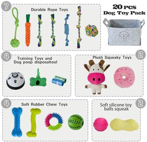 MRSOHRET 20Pcs Puppy Chew Toys for Teething, Dog Chew Toys with Rope Toy, Pet Dog Toothbrush, Treat Balls, Plush Toys and Squeaky Toys for Small Medium Dogs with Basket to Keep Them Busy