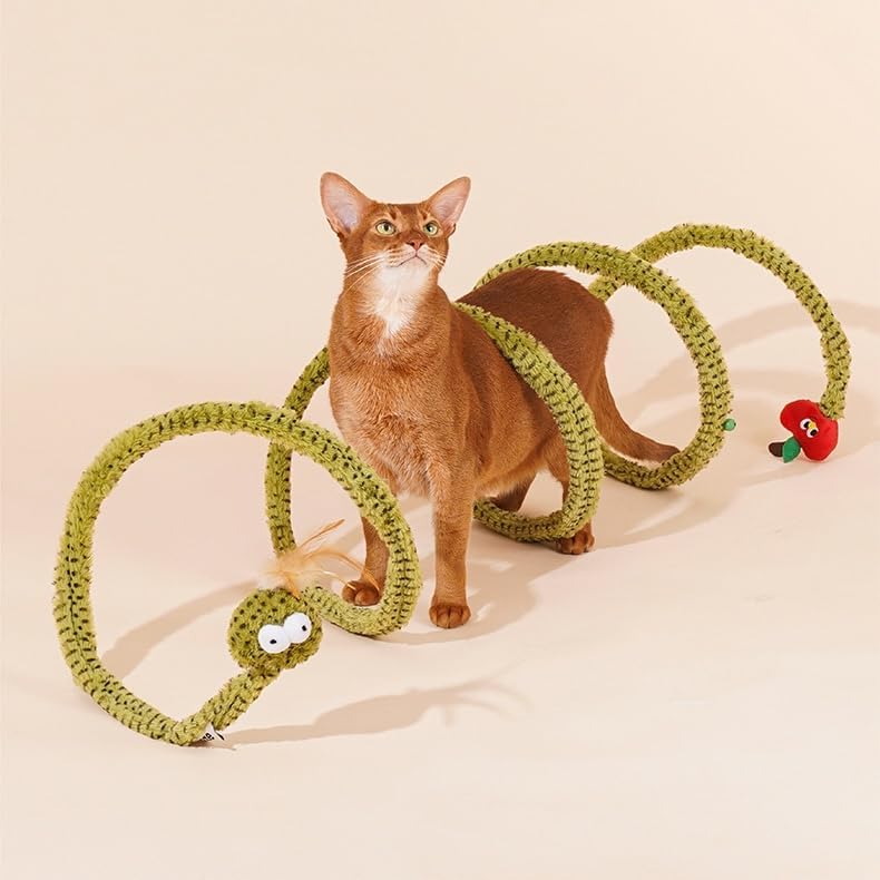 ZEZE Forest Snake Spiral Cat Tunnel Toy with Catnip, Bell & Hanging Teasers, Foldable Interactive Plush Tunnel for Indoor Cats