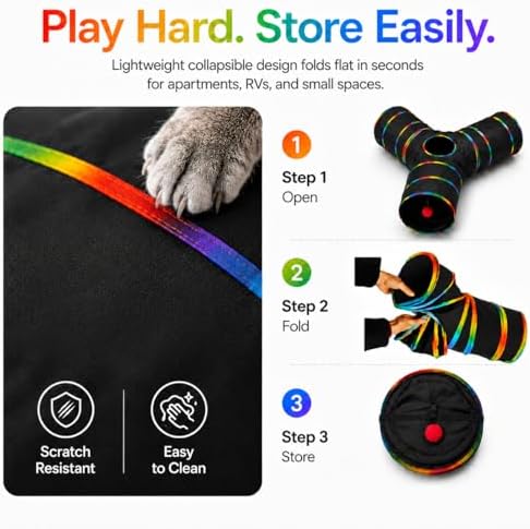 Cat Tunnels Tube Toy with Plush Ball & Cat Wand Feather Toys-Portable Tattaff Waterproof Washable-Interesting Geometric Pattern Collapsible-3 Way Black Rainbow