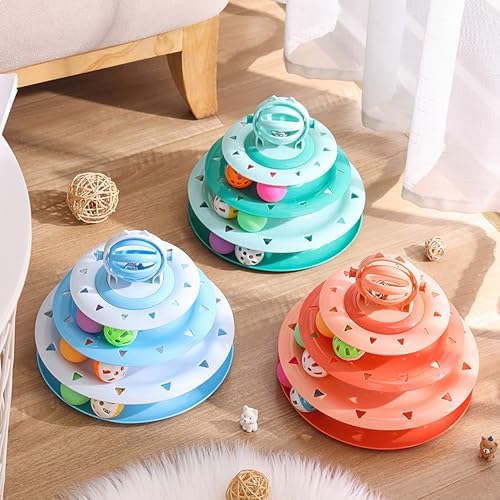 Vealind Cat Toy Roller 4-Level Turntable Cat Toys Balls with 14 Pcs Colorful Pom Pom Balls Interactive Fun Mental Physical Exercise Puzzle Kitten Toys (Green)