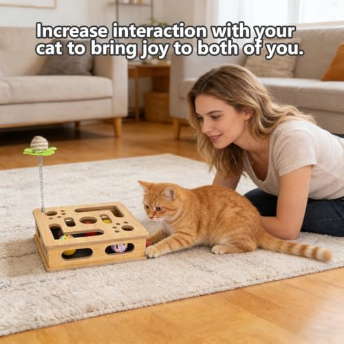 Cat Scratch Puzzle Enrichment Box,Clawcraft Wooden Cat Scratcher,No Assembly Required,Built-in Sandpaper Trims Your pet's Claws as They Play(Burlywood Color)
