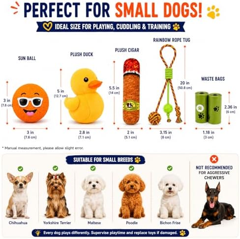Dog Toys for Small Dogs, 5 Pack Fun Interactive Dog Toy Set with Squeaky Sun Ball, Plush Duck, Funny Plush Cigar, Rope Tug Toy and Waste Bags, Indoor Play Toys for Small Breeds(Orange)