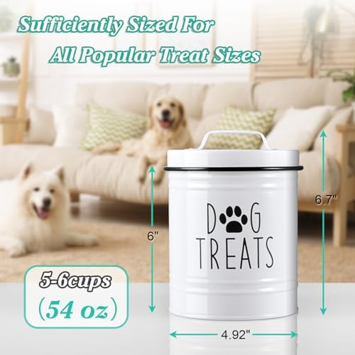 OUTNILI Small Dog Treat Container Airtight - 6" Tall X 4.9" Round White Dog Treat Jar for Kitchen Counter - Rustic Treat Storage Canister for Dogs, Cats, Small Animals - Gifts for Pet Owners