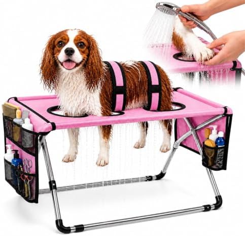 Dog Grooming Hammock Stand, Foldable Pet Bathing Stand, Pink A