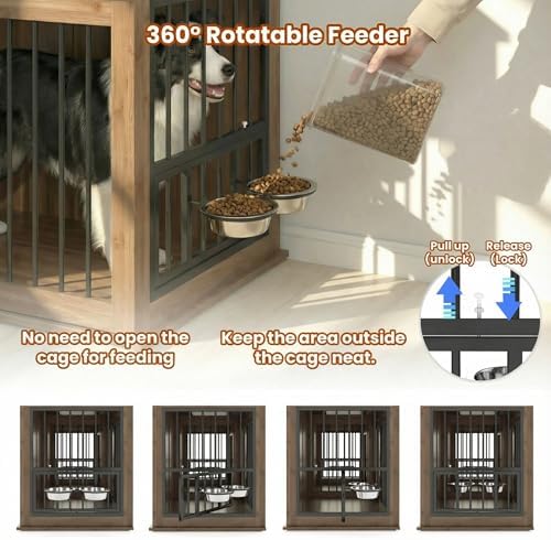 Large Dog Crate Furniture for 2 Dogs, Wood, White TV Stand with 4 Doors and 4 Storage Drawers, Removable Divider, Indoor Kennel for Medium and Large Dogs (71inch White Fluted Dog Crate)