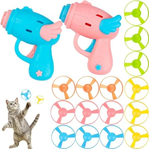 17 Pcs Cat Fetch Toy with Colorful Flying Propellers Set, Additional Flying Discs for Outdoor & Indoor Pet Chasing Training Hunting, Interactive Cat Propeller Toy(Wing Pink + Blue)
