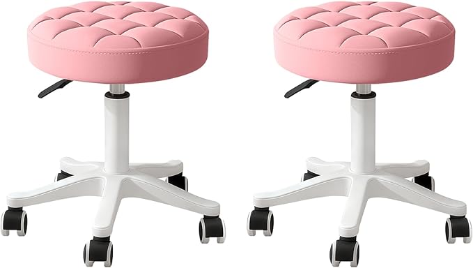 Small Rolling Stool with Wheels, PU Leather Height Adjustable Vanity Work Task Stool, 360 Swivel, Padded Seat Cushion,for Salon, Home, Office