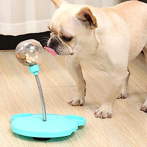 Cat Treat Dispenser Toy, Plastic Cute Bear Shape Leaky Food Circle Balls Track Feeder Toy with Spring, Aggressive Interactive Durable Safe Pet Toys for Mental Enrichment (Blue)