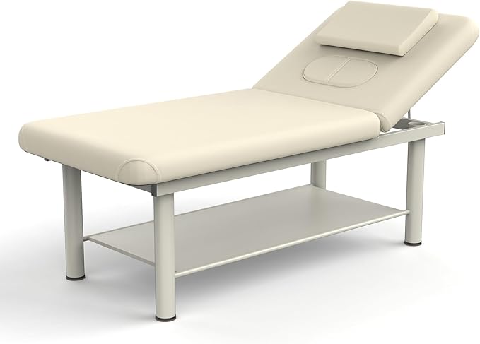 Heavy Duty Professional Stationary Massage Bed Wide Massage Table with Backrest for Treatment Physical Therapy Spa Facial Bed, Metal Frame PU Leather Segmented Structure