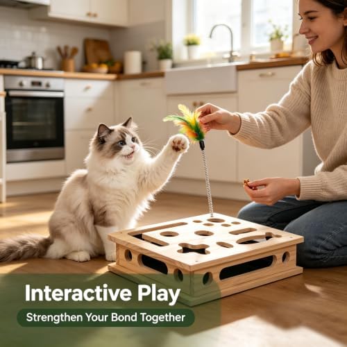 Cat Nail File Box, Solid Wood Scratch Puzzle Enrichment Toy, Hunting Play for Indoor Cats, Reduces Anxiety, Sharpens Claws Naturally