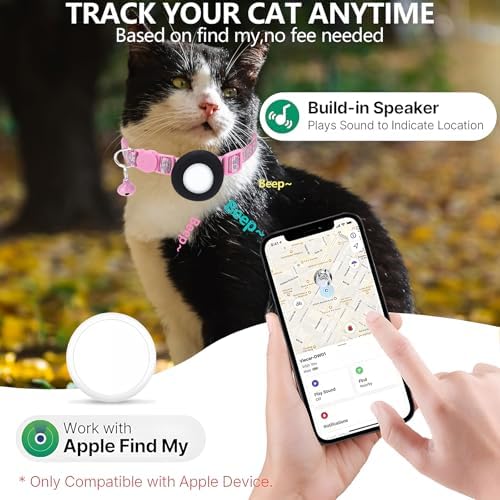 GPS Tracker for Cats, Mini GPS Pet Tracker with Collar, IPX8 Waterproof Cat Trackers Collar,No Monthly Fee,Work with Apple Find My(iOS Only),Smart Trackers for Pets-Pink-3