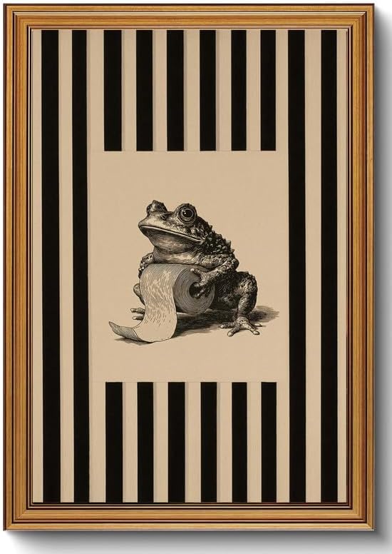 Funny Bathroom Gold Framed Wall Art Vintage Whimsical Frog Wall Decor Art | Black Beige Striped Picture Canvas Art Retro Animal Small Framed Prints Artwork For Vanity Shelf Restroom Toilet Powder Room
