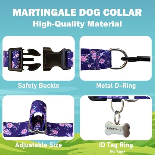 Martingale Collar for Dogs with Buckle Floral Dog Collar Girl Female Soft Nylon Dog Collars for Small Medium Large Dogs (Purple Flower, S)