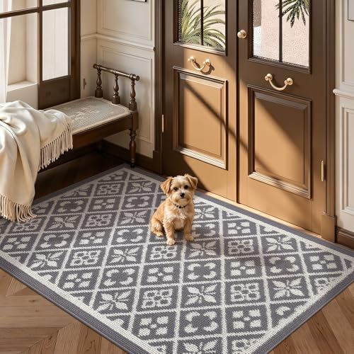 Ileading Indoor Door Mat 3x5ft Absorbent Dog Mats for Muddy Paws,Machine Washable Small Living Room Area Rug with Non-Slip Rubber Backing Low-Profile Inside Carpet for Hallway,Entryway,Kitchen(Grey)