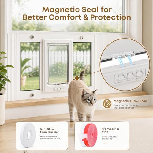 Cat Door for Window, Adjustable 23"-28", 4 Locking Modes + Extra Security Lock for Outside Safety, Window Pet Door with Magnetic Self-Closing, No-Drill Installation, Weatherproof Aluminum Frame Insert