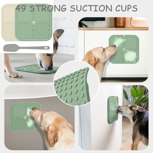 ChefAide 2 Pack Lick Mat for Dogs,Cats,Upgraded 8.5×8.5 inches Licking Mats with Suction Cups,Slow Feeder Licking Pad for Anxiety Relief and Boredom Reducer,Suitable for Dog Training (Green & Beige)