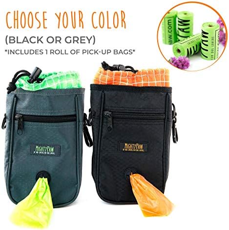 Mighty Paw Dog Treat Bag - Drawstring Closure Pouch - Includes Carabiner Hook and Pick-up Bags - Dog Paw Treat Bag - Pet Training Pouch - (Grey/Green)