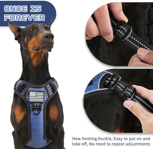 BUMBIN Tactical Dog Harness for Large Dogs No Pull, Famous TIK Tok No Pull Puppy Harness, Fit Smart Reflective Pet Walking Harness for Training, Adjustable Dog Vest Harness with Handle Denim Blue L
