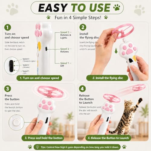 Cat Fetch Toy, Electric Cat Disc Launcher Toy with 8 Flying Spinners, Interactive Cat Toy for Indoor Cats and Bored Kittens, Bendable Discs, Rechargeable Paw Design（White）