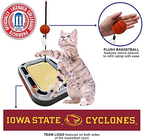CATS SCRATCHER NCAA Iowa State Basketball Court CAT Scratcher Toy with Catnip Filled Plush Basketball Toy & Feather Cat Toy Hanging, with Jingle Bell Interactive Ball Cat Chasing 5-in-1 Kitty Toy