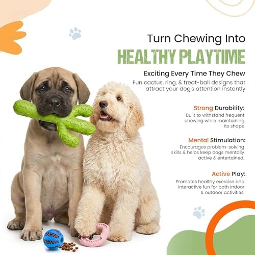 3-Piece Dog Chew Toy Set - Durable Rubber Cactus, Dental Ring, and Treat Leakage Ball - Tough Interactive Molar Toys for Puppy & Medium Dogs - Multi-Color