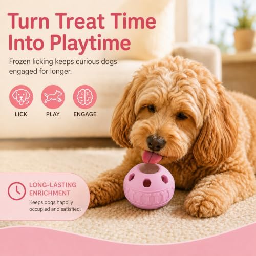 Frozen Treat Dog Toy Set with Freezer Tray, Interactive Rubber Chew Toy, Treat Ball Holder for Licking & Chewing, Dog Enrichment Toy to Keep Dogs Busy (Pink)