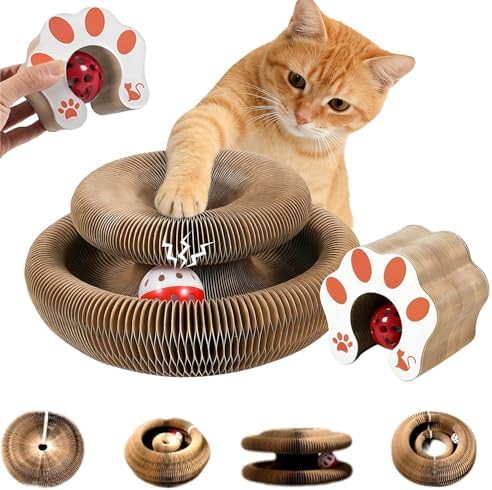 Kitten Curl Cat Toy, Magic Organ Cat Scratch Board, Foldable Cat Accordion Toy, Interactive Scratch Pad Cat Toy with Toy Bell Ball, Cat Scratchers for Physical Exercise Cats Indoor (1PC)