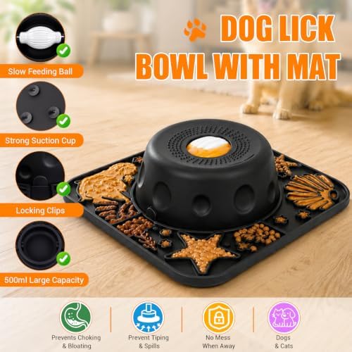 Large Dog Lick Bowl with Rolling Ball, 500ML Slow Feeder Bowl with Lick Mat