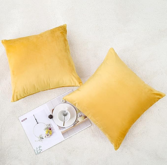 NiNi ALL Yellow Velvet Throw Pillow Covers 16x16 Pack of 2 Decorative Couch | Soft Solid Cushion Squar Pillow Cases for Chair Sofa Bedroom Farmhouse Living room Modern Luxury Home Decor Fall Halloween