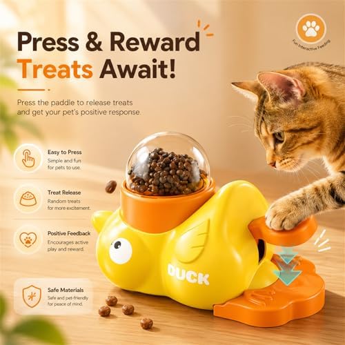 Cat Treat Dispenser, Duck Treat Dispenser for Cats, Cat Treat Toys Interactive and Dog Puzzle Treat Feeder, Food Puzzle Slow Feeder for Small Cats, Dogs, Other Pets (Yellow)