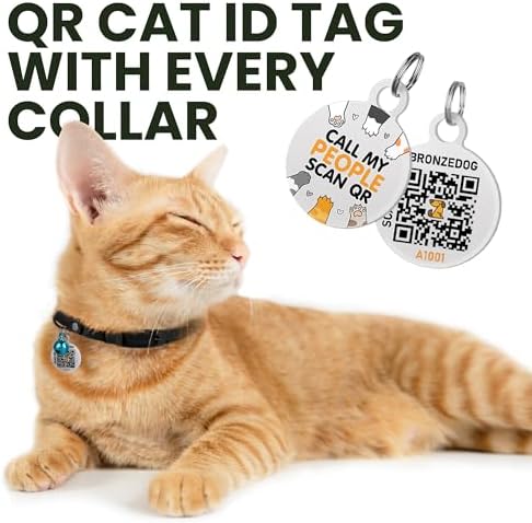 BRONZEDOG Cat Collar with Bell Kitten Rolled Leather Collars Safety QR ID Name Tag (Red)