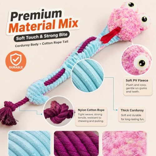 Dog Rope Toy Plush Squeaky Chew Tug of War Toy - Pink Snake
