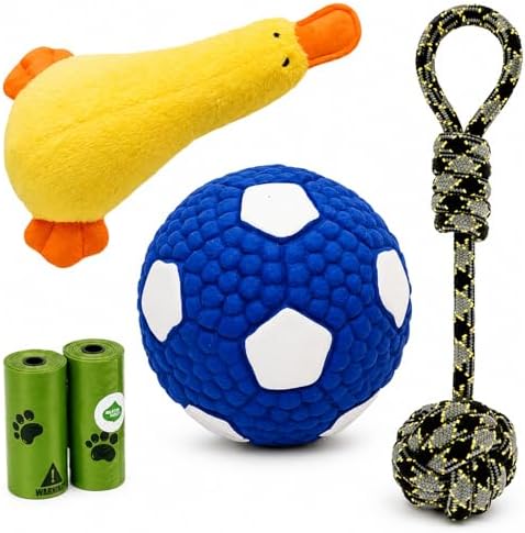 Dog Toys for Small Dogs, 5 Pack Interactive Dog Toy Set with Squeaky Latex Ball, Duck Plush Toy, Rope Tug Toy and Waste Bags, Indoor Fetch, Chew & Play Toys for Small Breeds (Blue/White)