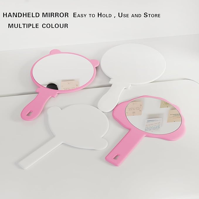 PDOZV Hand Mirror, 2 Pcs Portable Hand Mirrors with Handle, See Back of Head Haircut Personal Handheld Travel Small Ladies' Makeup Eyelash Mirrors (White, 5.91" L x 9.84" W (Round))