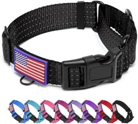 Martingale Dog Collar Reflective NO Pull with USA Flag, L,Black