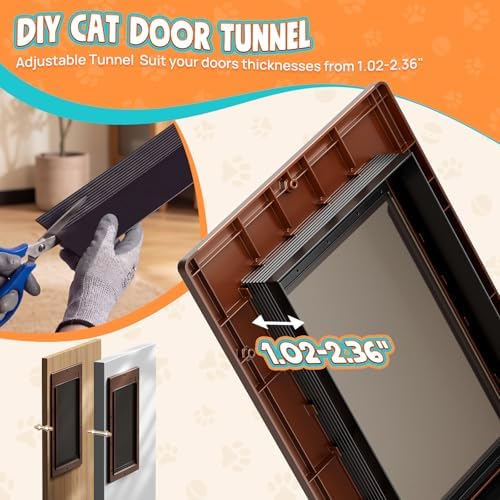 Cat Door for Interior & Exterior Doors, Pets Up to 20 lb, Brown | ﻿Soft Magnetic Flap, Sliding Lock Panel, Adjustable Tunnel, Save energy, Prevents Paw Pinching, Easy DIY Installation