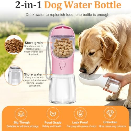 Portable Dog Water Bottle with Food Container, Pink, 12oz
